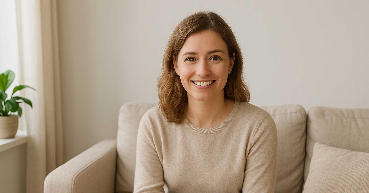 Smiling woman sitting on a couch, representing progress and emotional relief during IOP treatment for anxiety and depression.