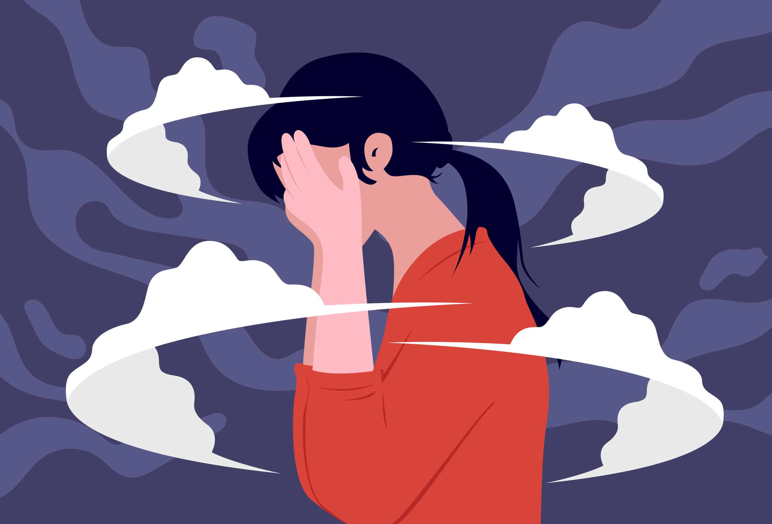 Illustration of a woman with clouds swirling around her conceptually referring to Borderline Personality Disorder