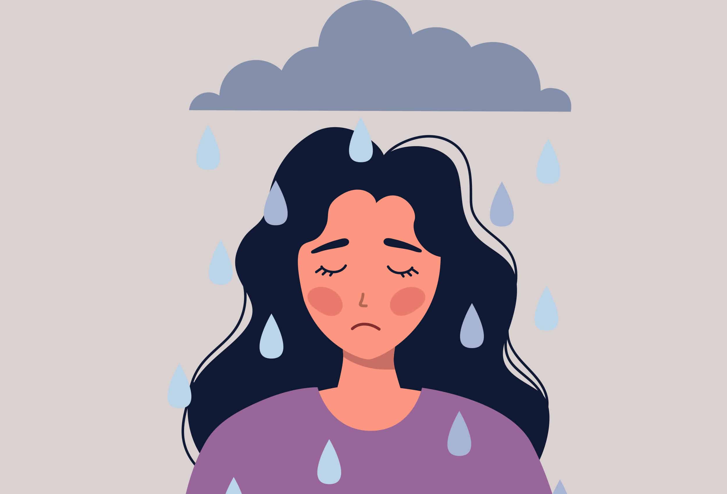Illustration of a woman with a dark cloud over her head raining conceptually referring to Clinical Depression
