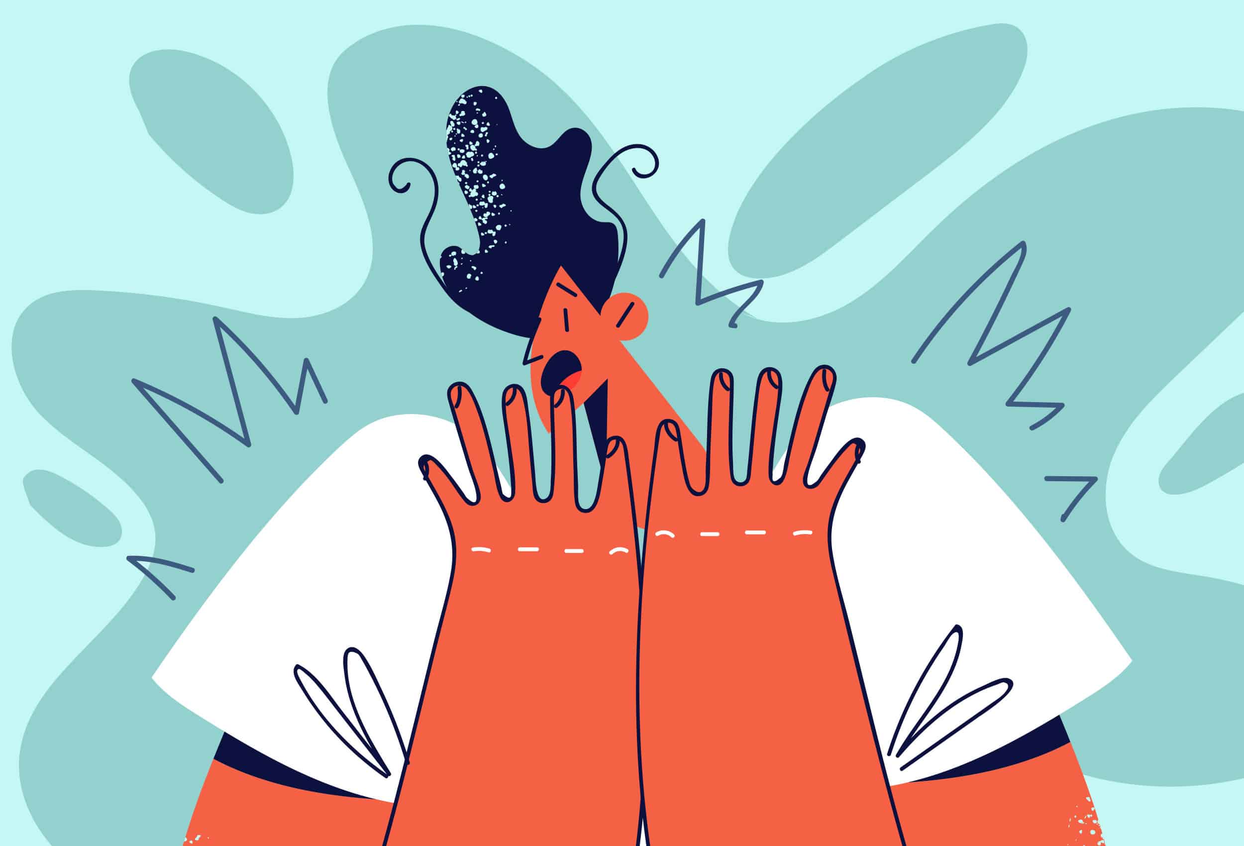 Illustration of a woman with her hands up erratic lines conceptually referring to Panic attacks or Panic disorders.