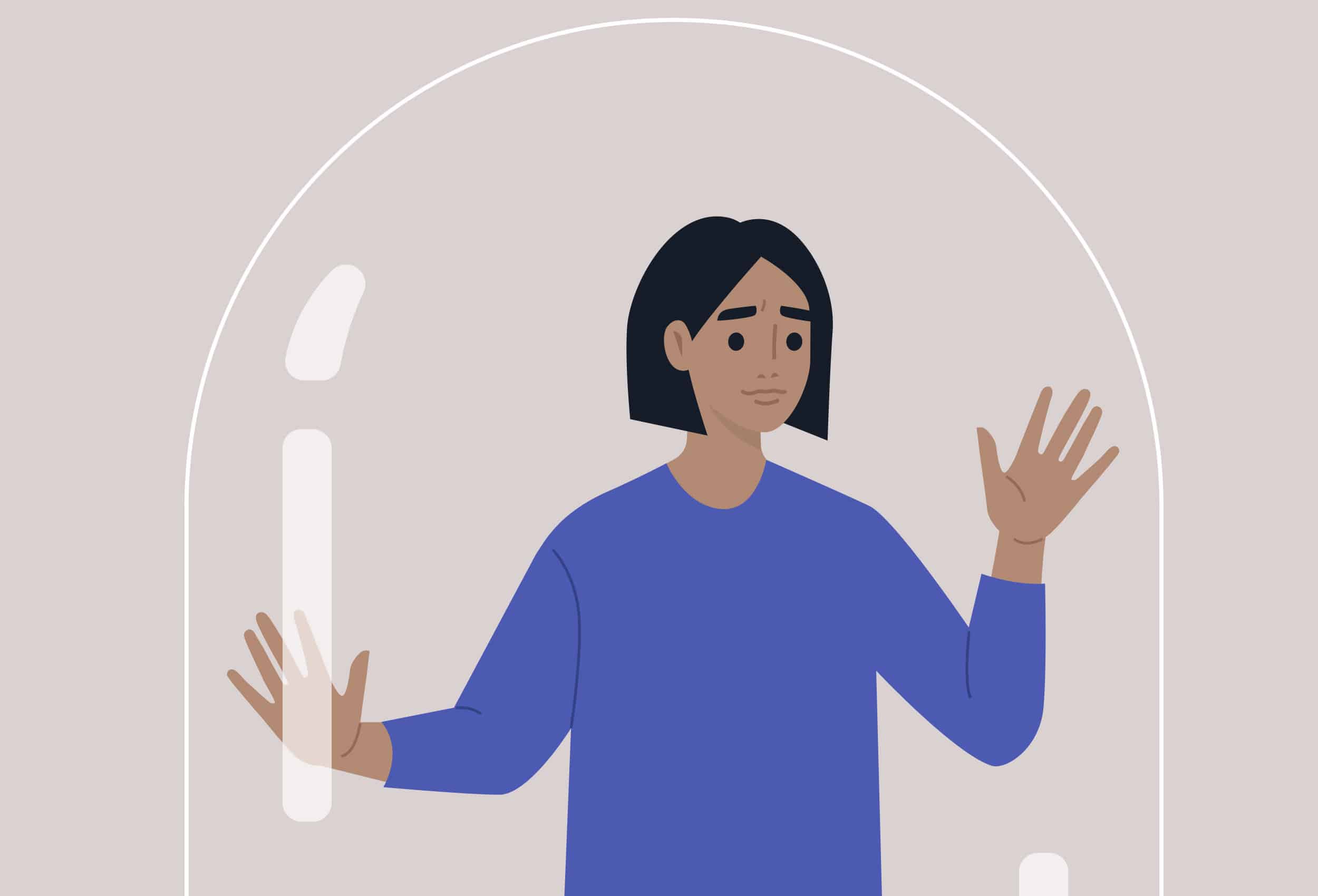 Illustration of a woman with inside a glass bubble conceptually referring to Social Anxiety Disorder.
