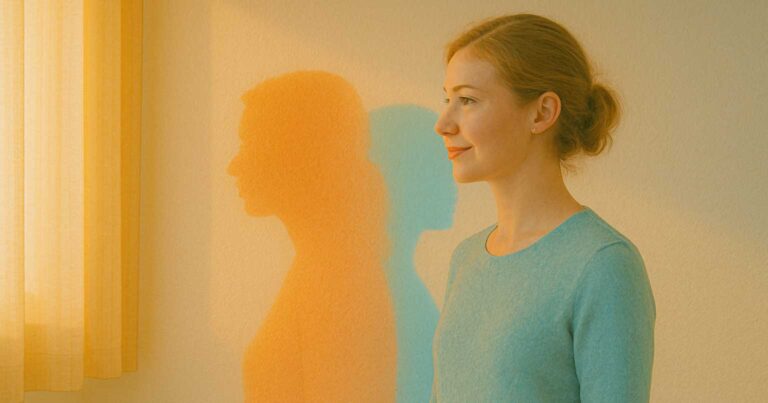 Young woman standing in sunlight with two overlapping colored shadows on the wall behind her, symbolizing the intersection of anxiety and mood disorders.