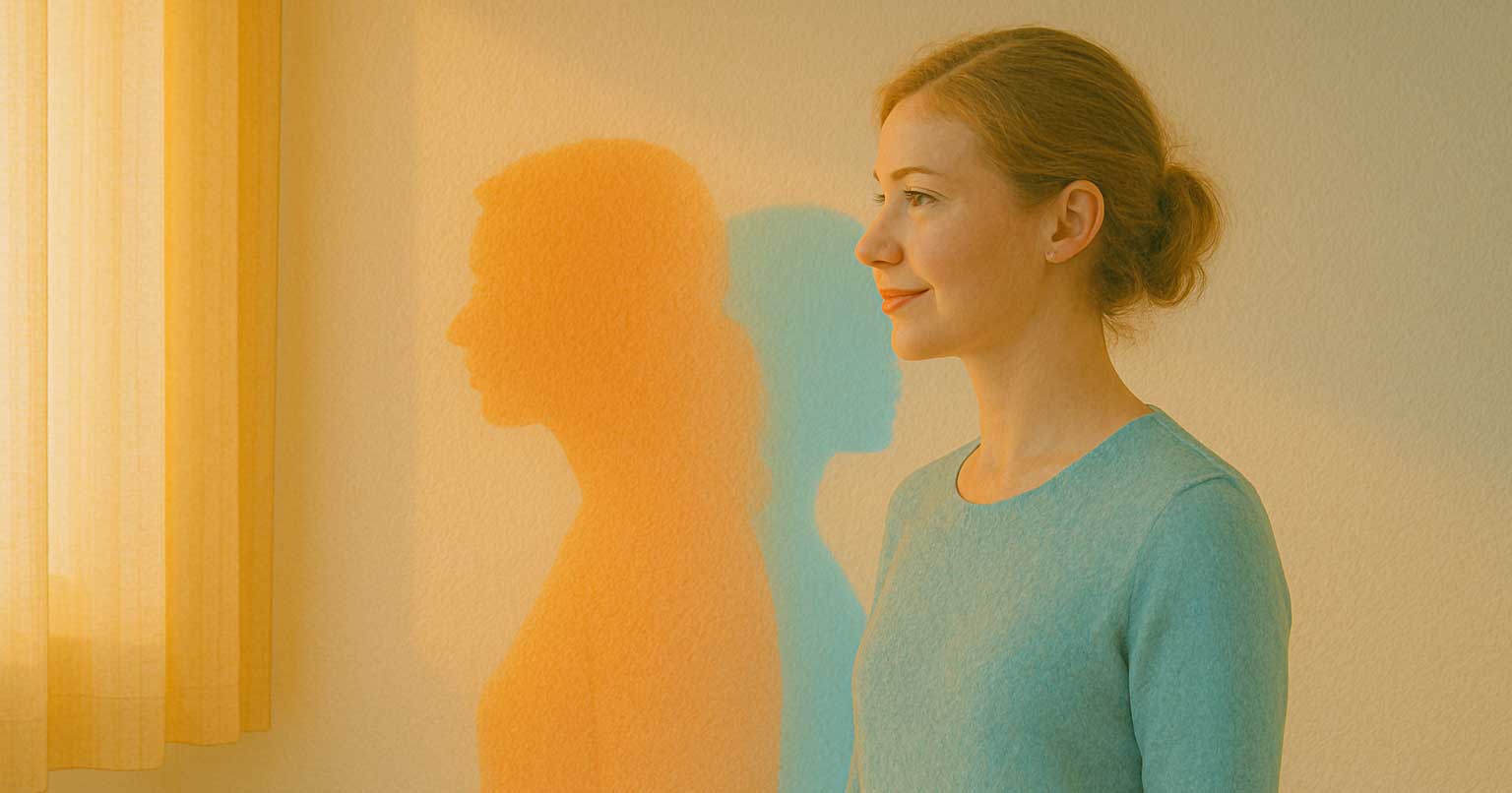 Young woman standing in sunlight with two overlapping colored shadows on the wall behind her, symbolizing the intersection of anxiety and mood disorders.