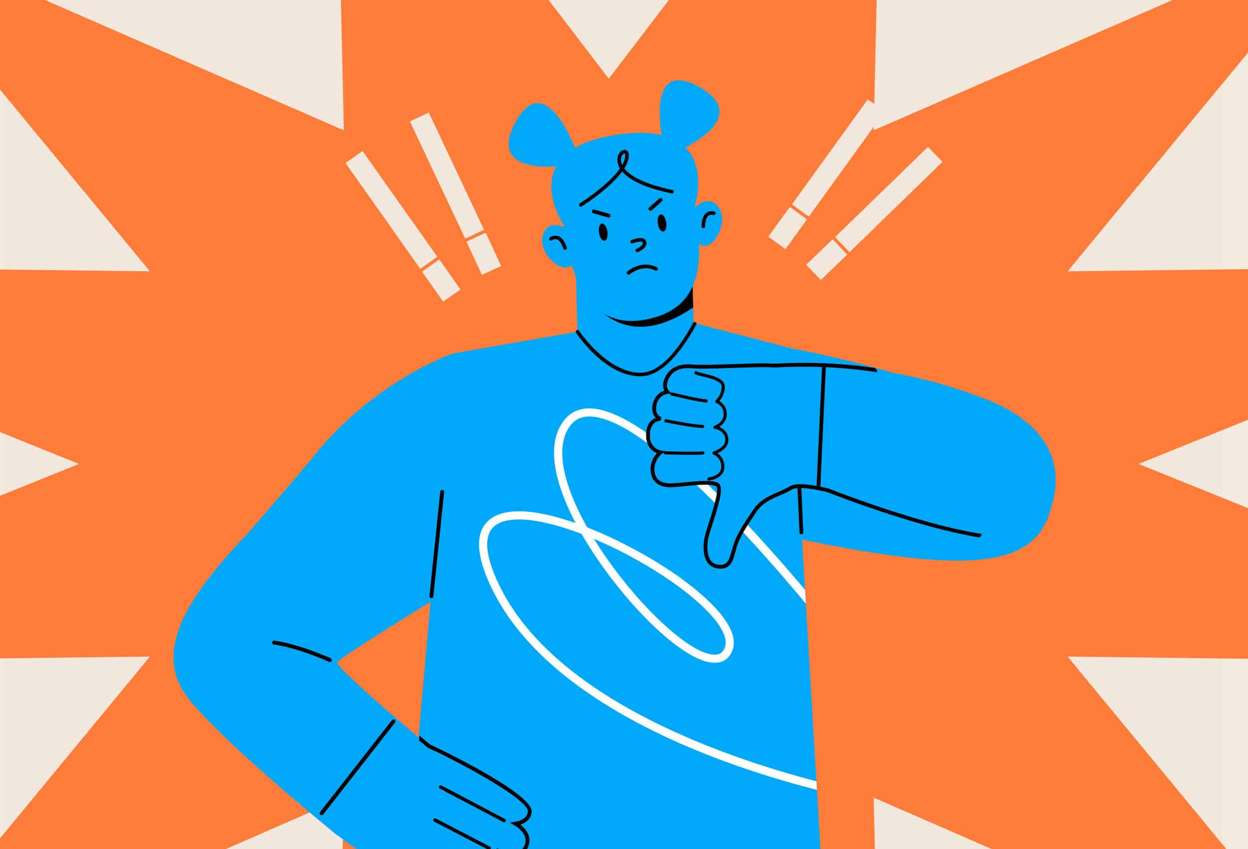 Illustration of character/person with thumbs down experiencing depression.