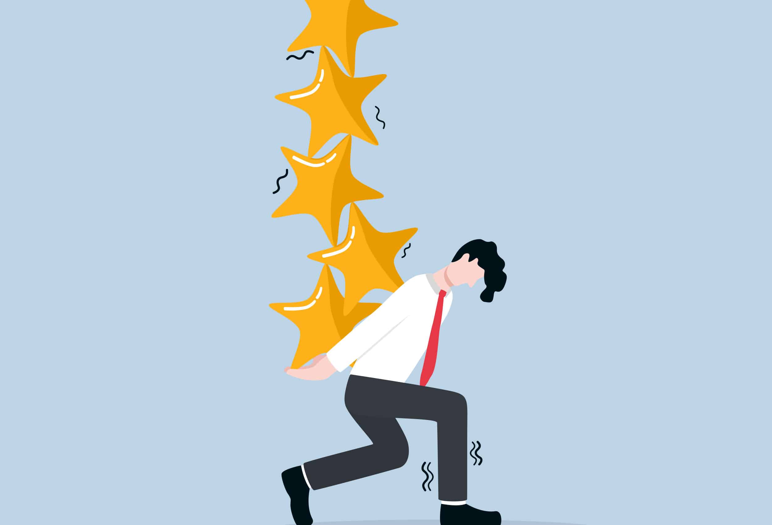 Illustration of a man struggling to hold up five stars used as a visual metaphor for perfectionism.