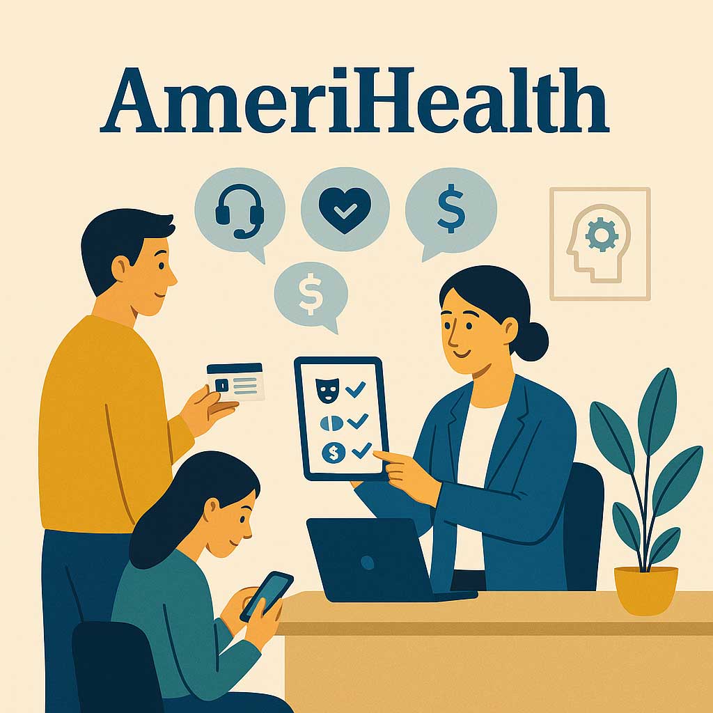 AmeriHealth benefits verification with patient and care coordinator discussing mental health coverage at a desk