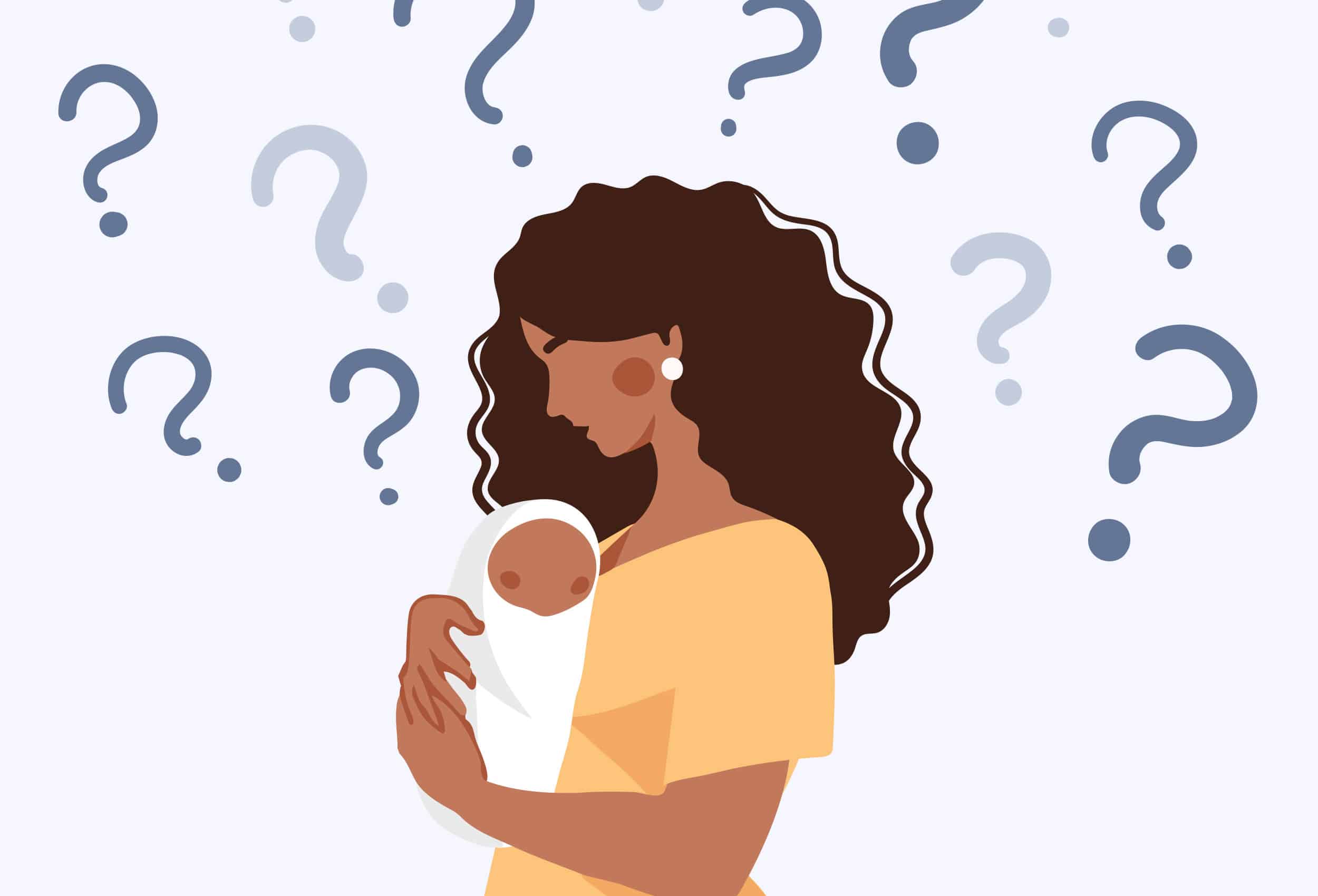 Illustrations of a woman with postpartum anxiety holding a baby