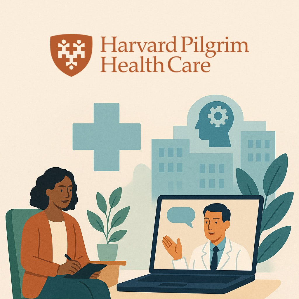 Harvard Pilgrim Health Care benefits verification with patient and care coordinator discussing mental health coverage online